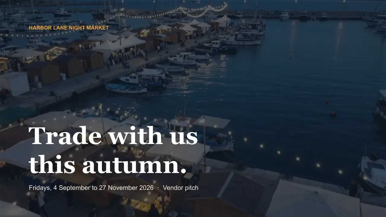 Title slide: Trade with us this autumn, over a dusk photo of the harbor market, with the dates 4 September to 27 November 2026.