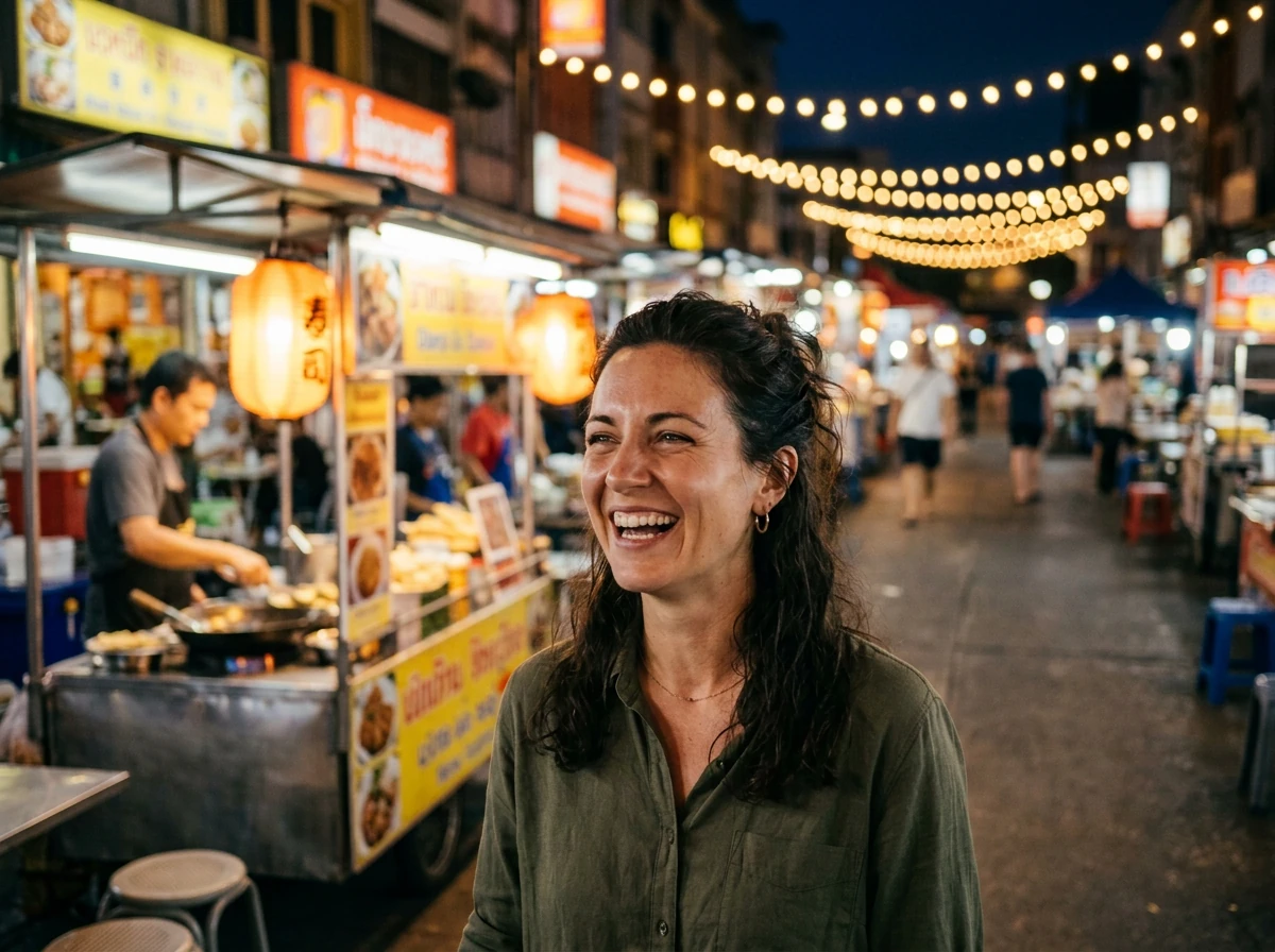 The same woman on a much quieter street: the crowd and diners are gone, leaving the cook, the stalls, and a few distant walkers.