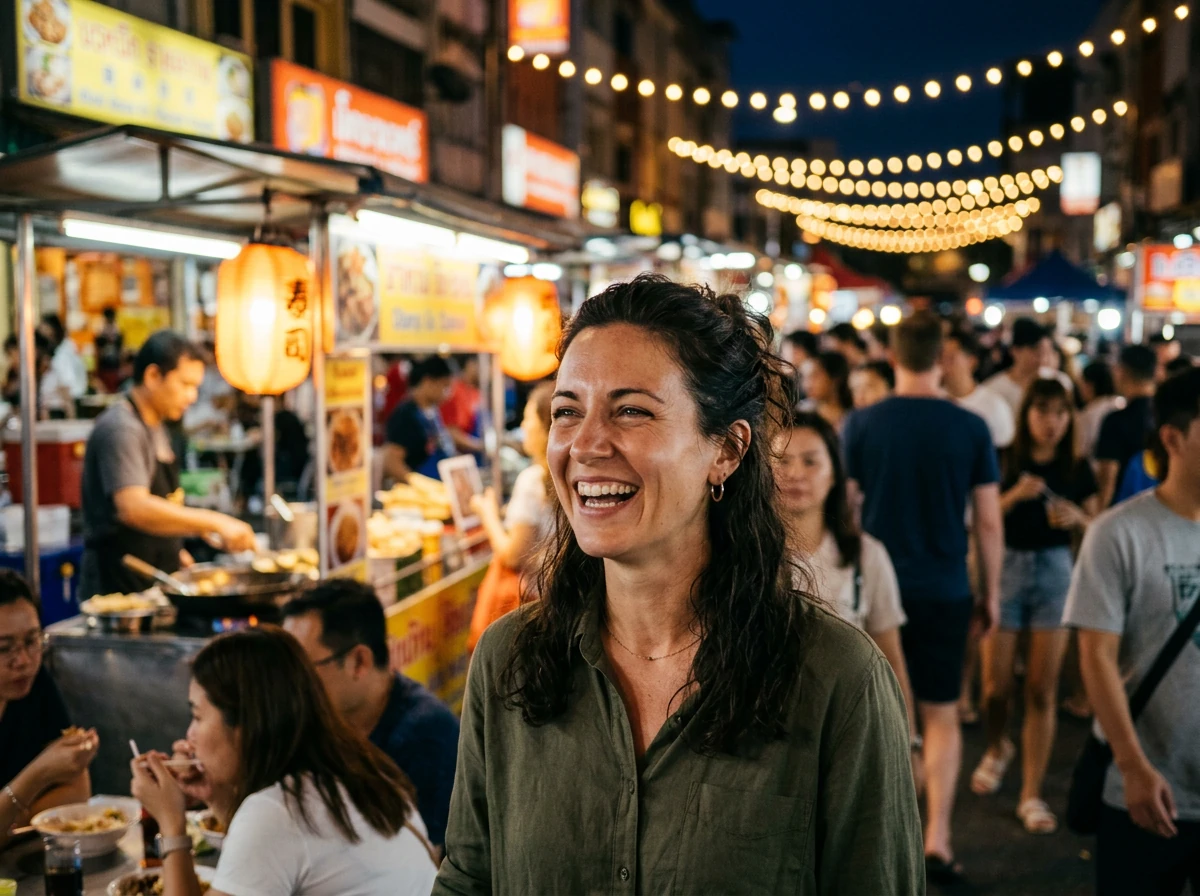 A woman laughing at a busy night street food market, with a dense crowd behind her under string lights.