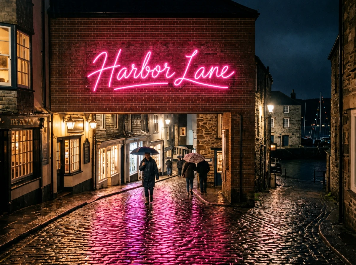 The same street with a pink neon sign reading Harbor Lane on the brick wall, its glow reflected in the wet cobbles.