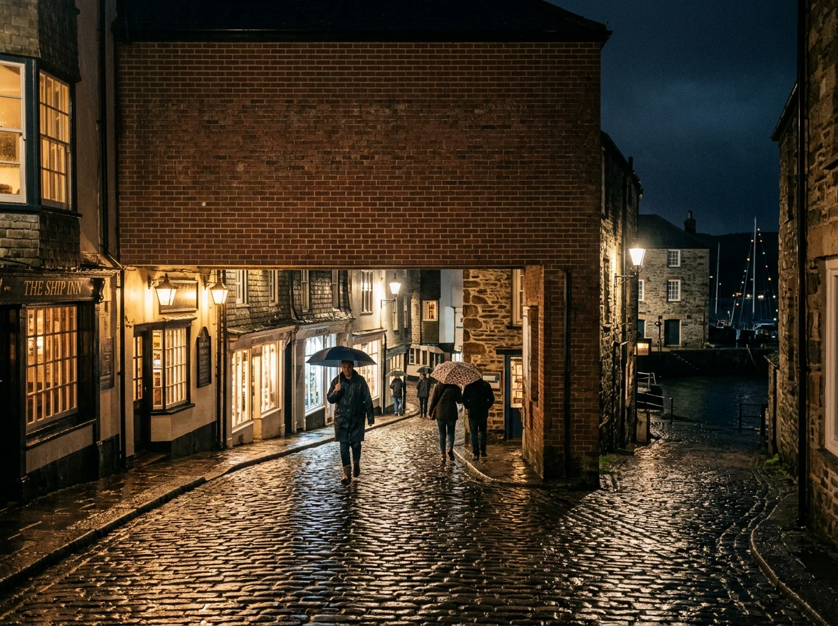 A cobbled harbour street at night after rain: people with umbrellas under a brick arch, lit shop windows, and a blank brick wall above the street.