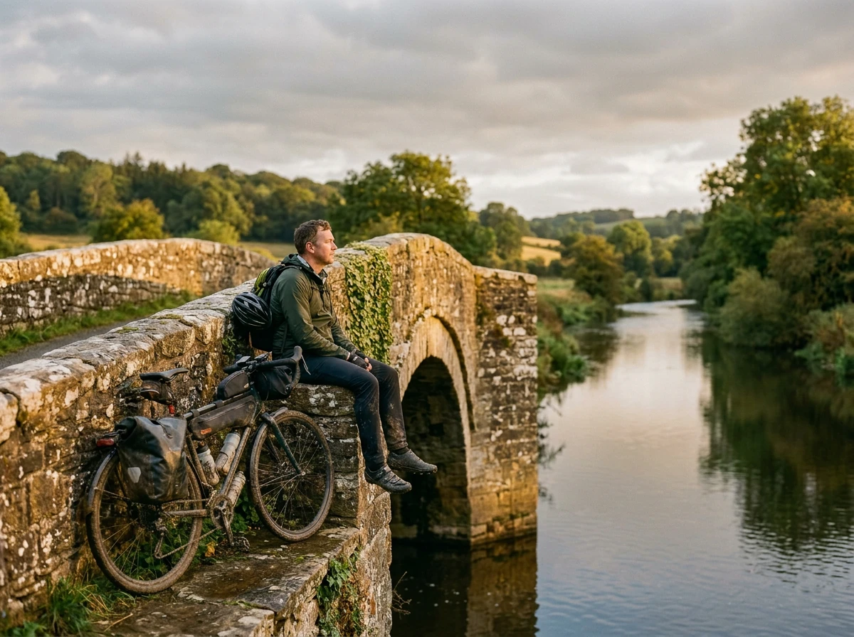 The same cyclist and bridge lit by low golden-hour sun, with a warm sky and rim light on the trees and water.