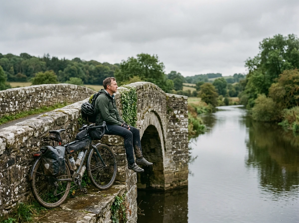 A cyclist sitting on the parapet of a stone bridge over a slow river under an overcast sky, in flat grey light.