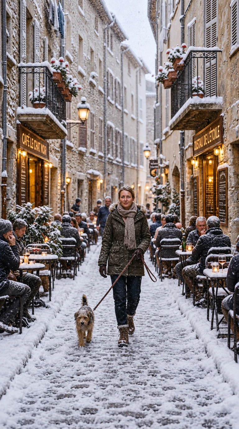 The same street under falling snow: snow on the cobbles, tables, and flower boxes, the cafe lights and lamps lit, the woman and dog in winter coats.