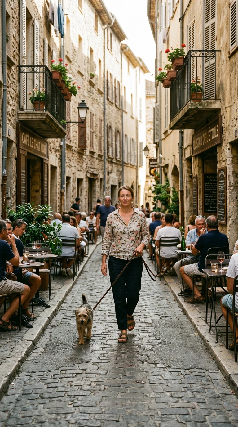 A woman walks a small dog down a narrow cobbled street in late summer, past cafe tables full of people, flower boxes on the balconies.
