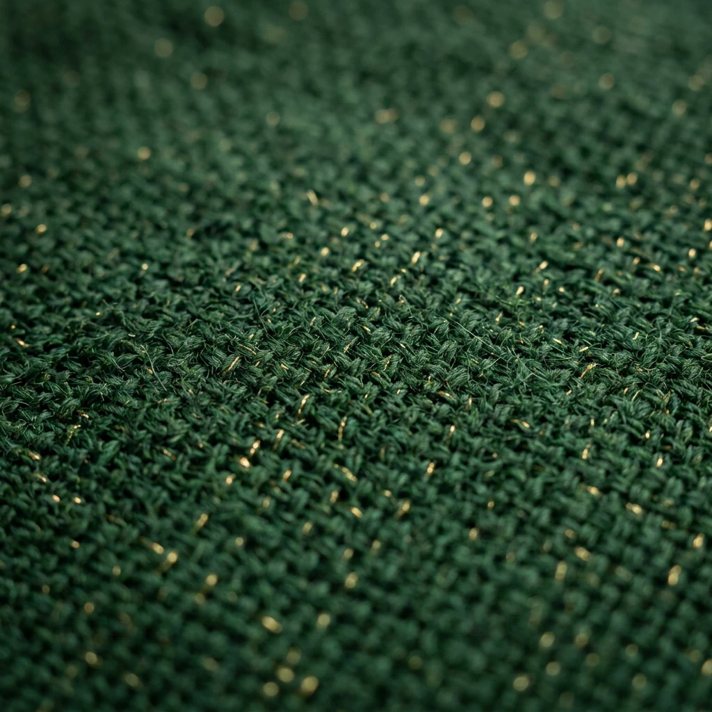 A close-up of deep green woven fabric with fine gold threads catching the light.
