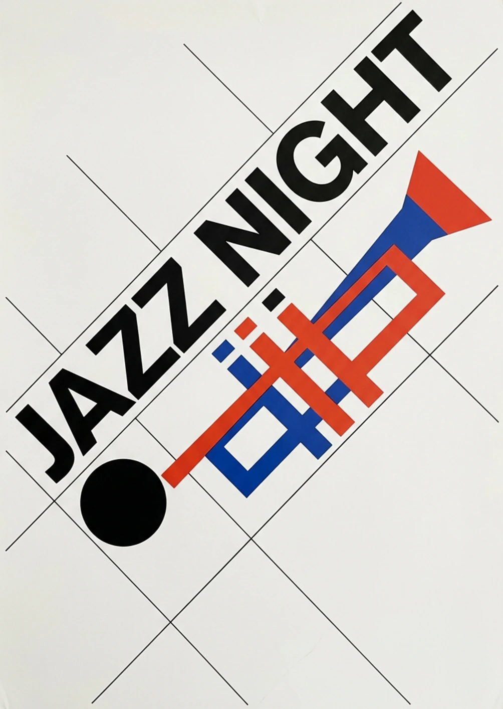 A Swiss-style poster reading JAZZ NIGHT in bold black type on a diagonal grid, a trumpet built from red and blue blocks beside a black disc.