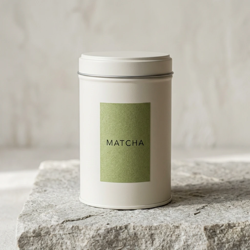 A cream tin with a small green paper label reading MATCHA stands on a rough stone slab against a pale plaster wall.