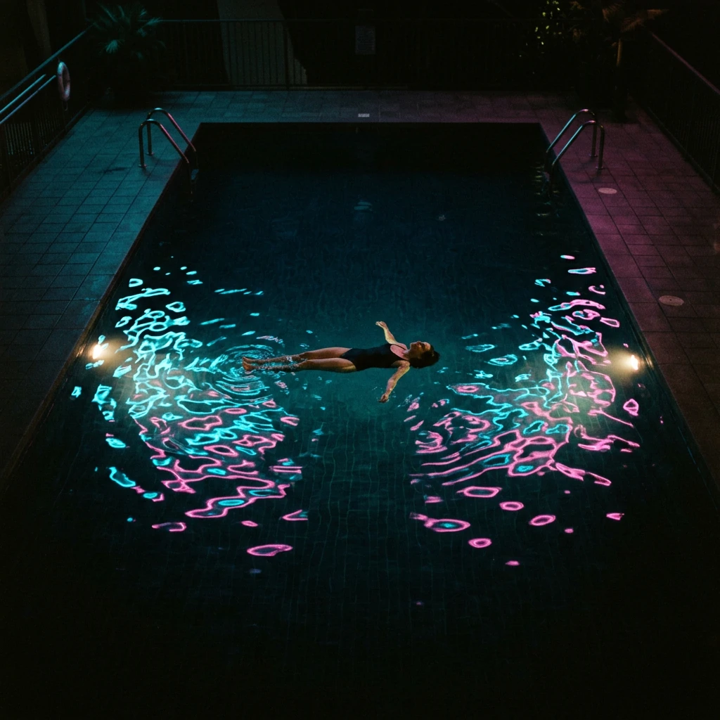 A swimmer floats on her back in a dark hotel pool at night, pink and cyan neon rippling across the water, on grainy film.