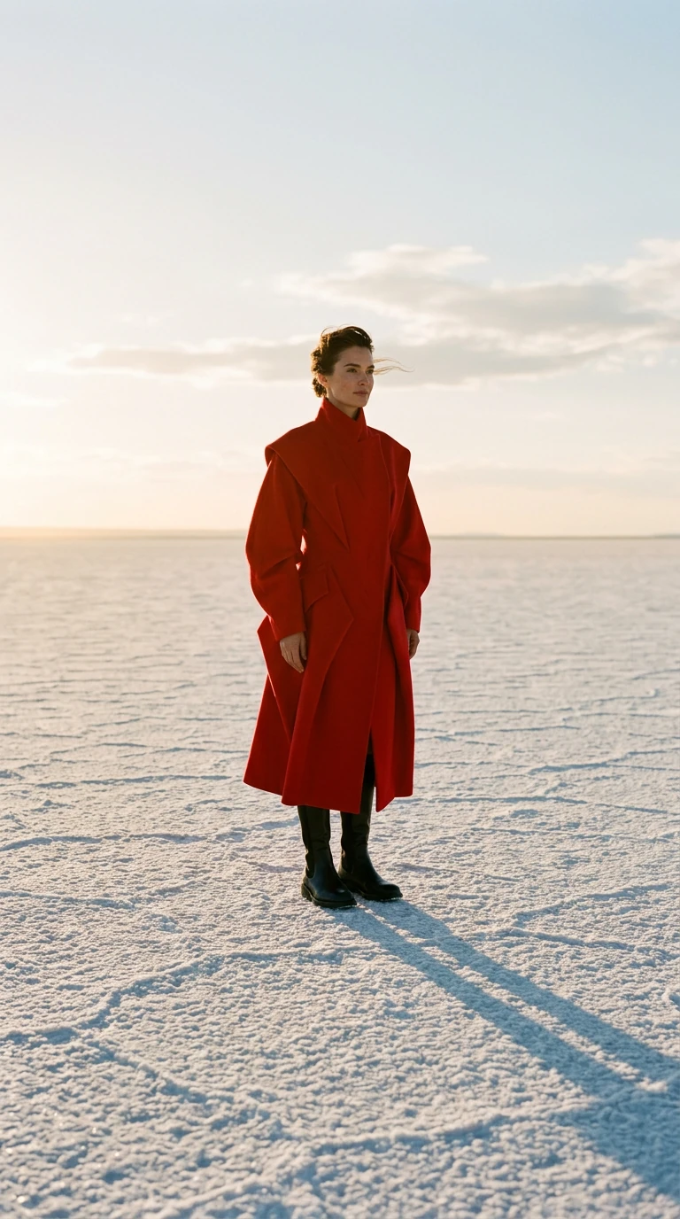 A model in a sculptural red coat with a high collar stands on a cracked white salt flat under a pale sky, low sun throwing one long shadow toward the camera.