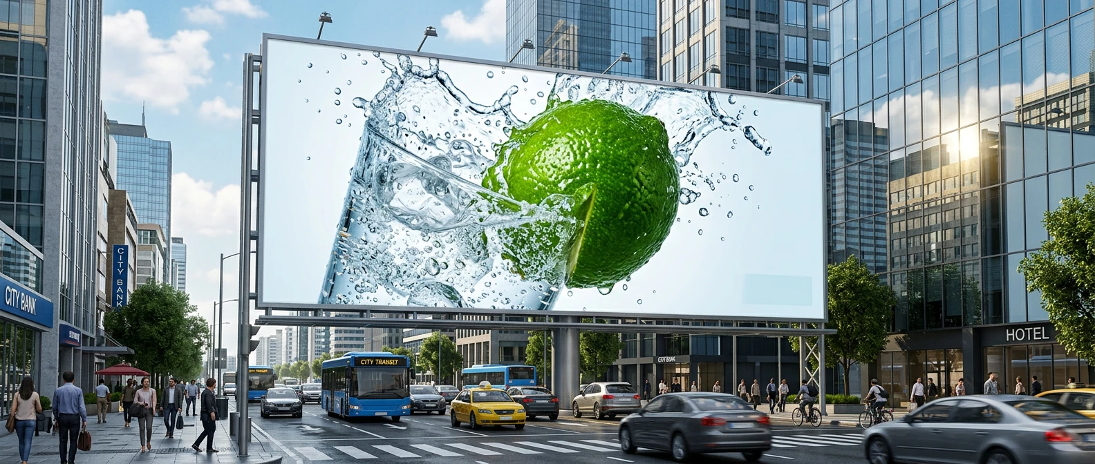 A huge billboard above a busy city street shows a lime splashing into a glass of sparkling water, with buses, taxis, and office towers below.