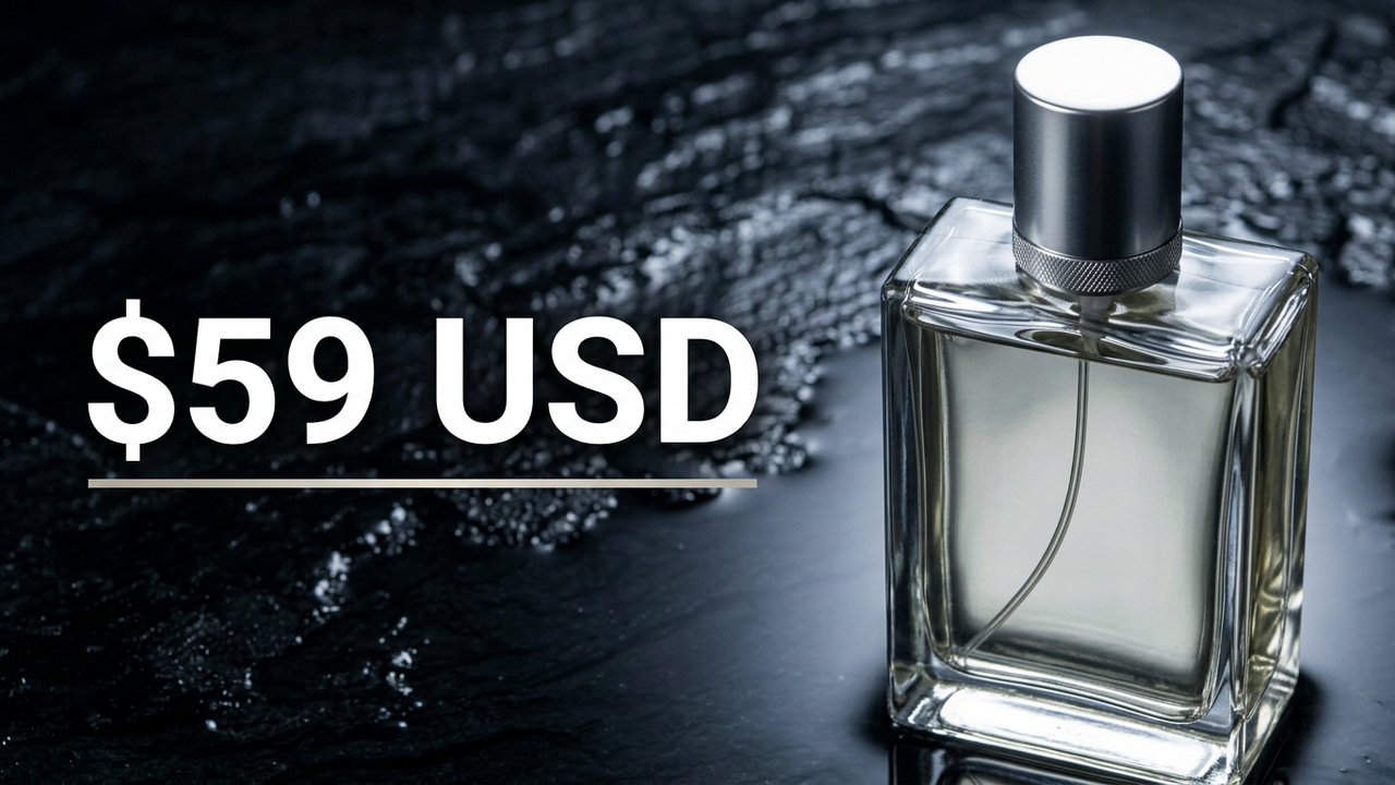 Thumbnail: a close-up of the bottle on wet slate with $59 USD in bold white type on the left.