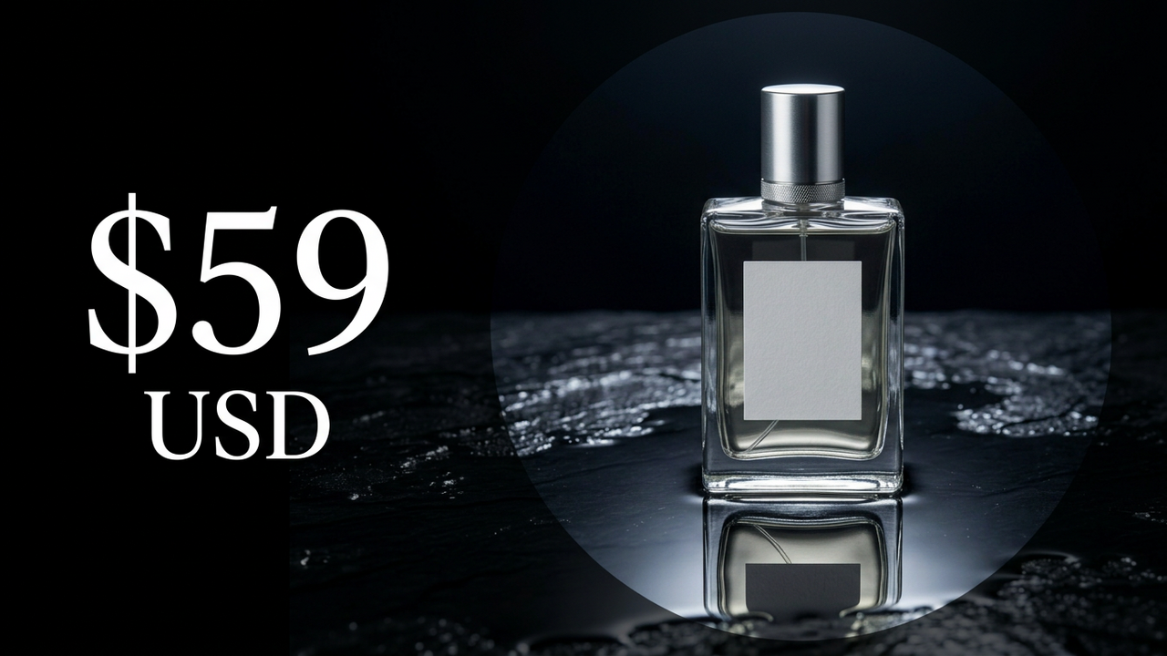 Thumbnail: the bottle inside a round spotlight with $59 USD in white serif type on the left.