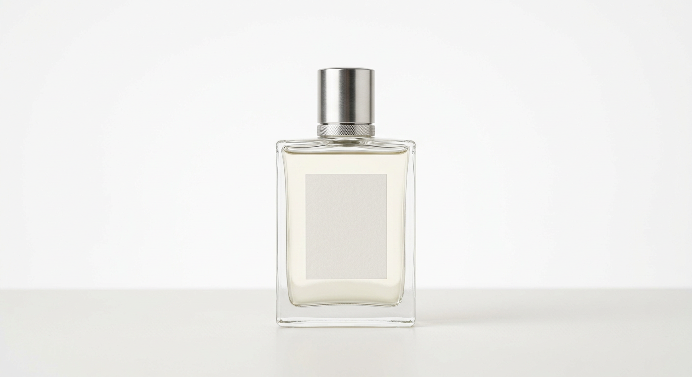 A clear perfume bottle with a blank label and a brushed metal cap on a plain white table, in flat studio light.