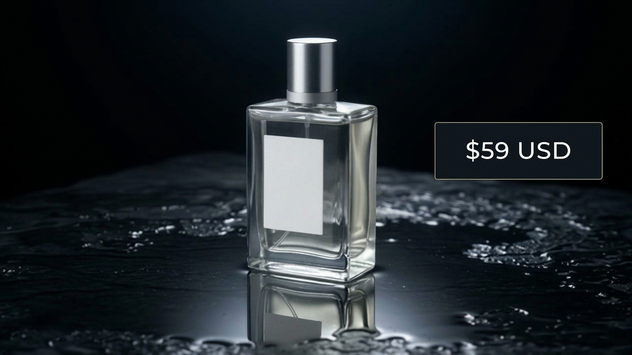 Thumbnail: the bottle on wet slate with a $59 USD tag in a dark box on the right.