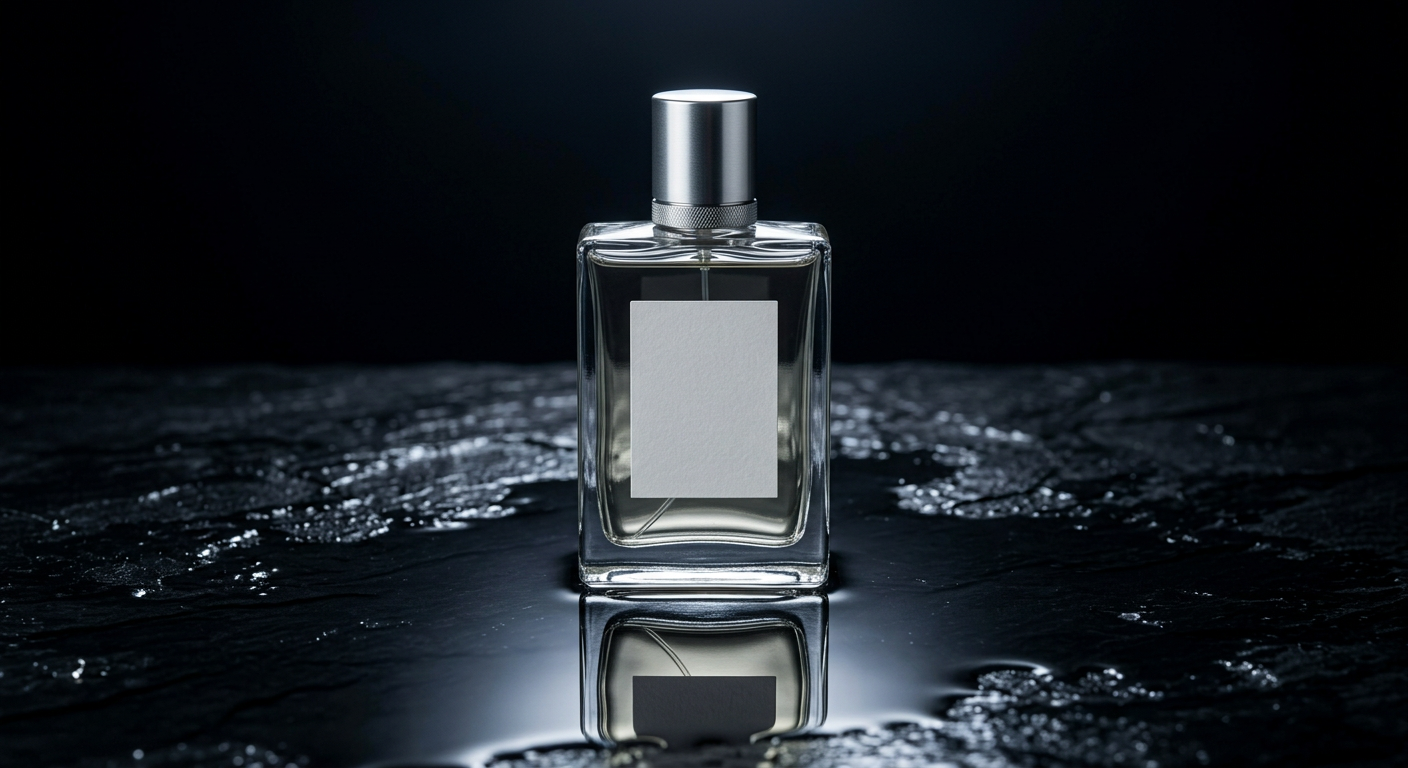 A clear perfume bottle with a blank white label and a brushed metal cap stands on wet black slate at night, one hard light on it and a mirror reflection below.